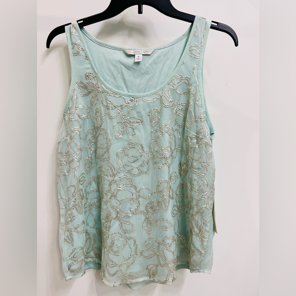 Lauren Conrad Sleeveless Top silver floral embroidery, sequin accents Size M NWT